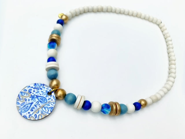 Audra Style™️ Blue and White Pendant Beaded Necklace