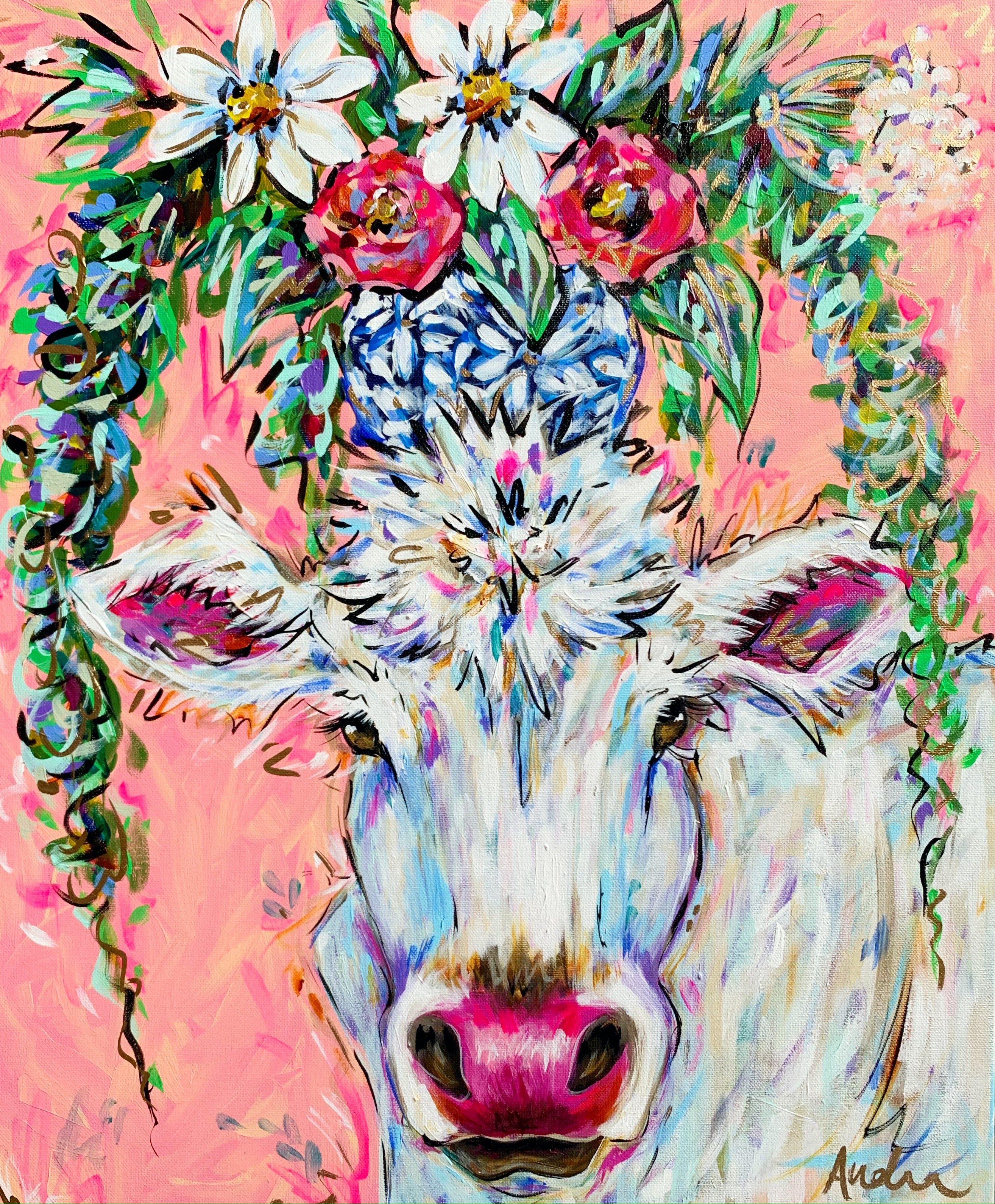 Cow Art Print on Paper or Canvas - Maximalist Decor, Farmhouse Art Poster, Colorful Floral Art Print