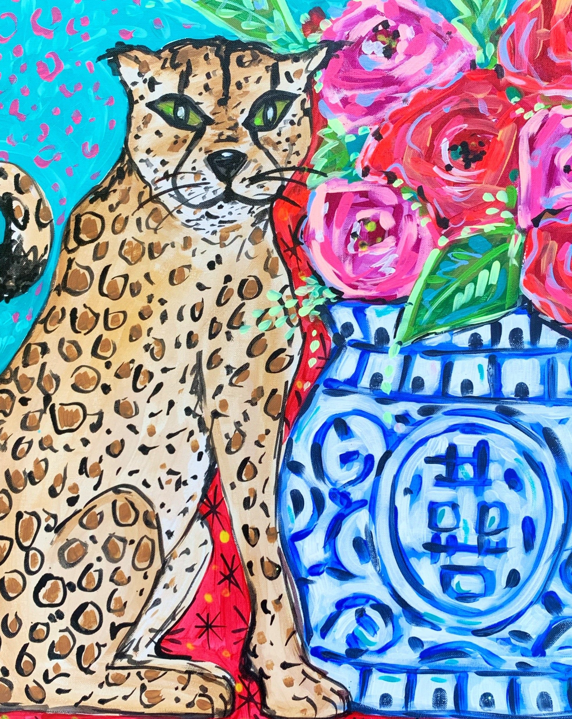 Leopard Ginger Jar Art Print on Paper or Canvas - Maximalist Decor, Blue and White Art Print Wall Poster