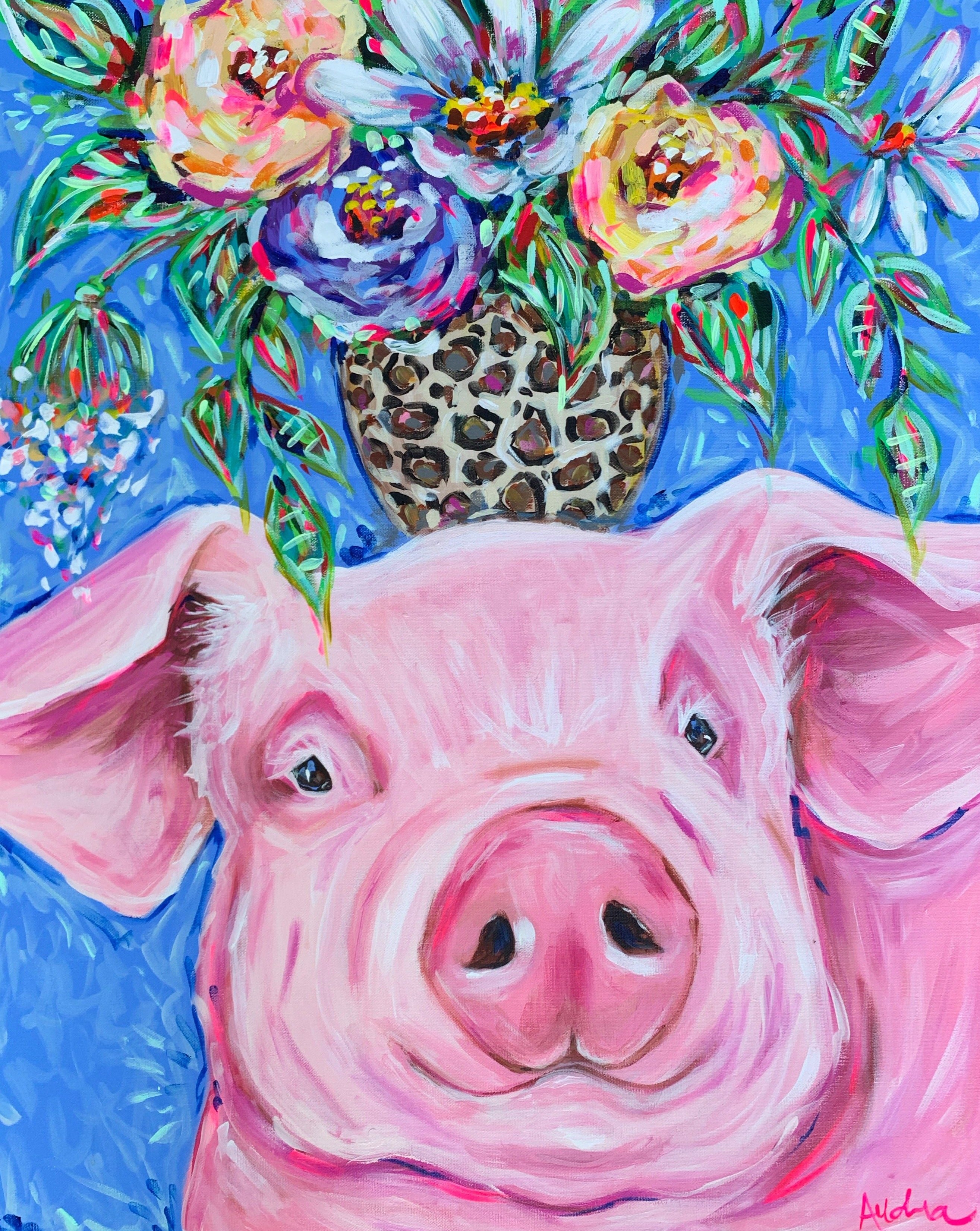 Pig Bouquet Art Print on Paper or Canvas - Dopamine Decor, Maximalist Wall Art, Farmhouse Poster