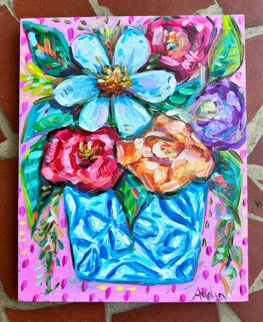 8x10 Floral in Blue and White Vase Original Oil Painting on Canvas