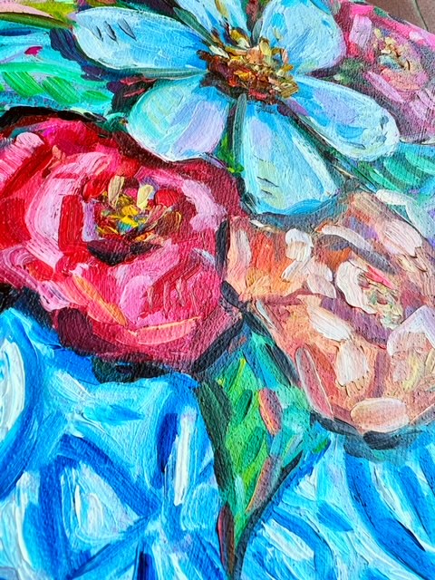 8x10 Floral in Blue and White Vase Original Oil Painting on Canvas