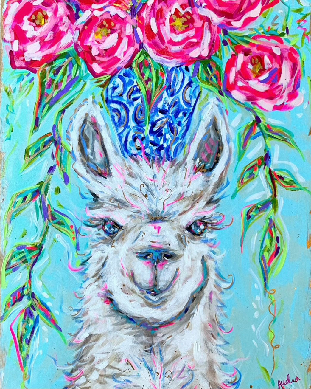 Llama Art Print on Paper or Canvas - Blue White Decor, Colorful Animal Art Poster