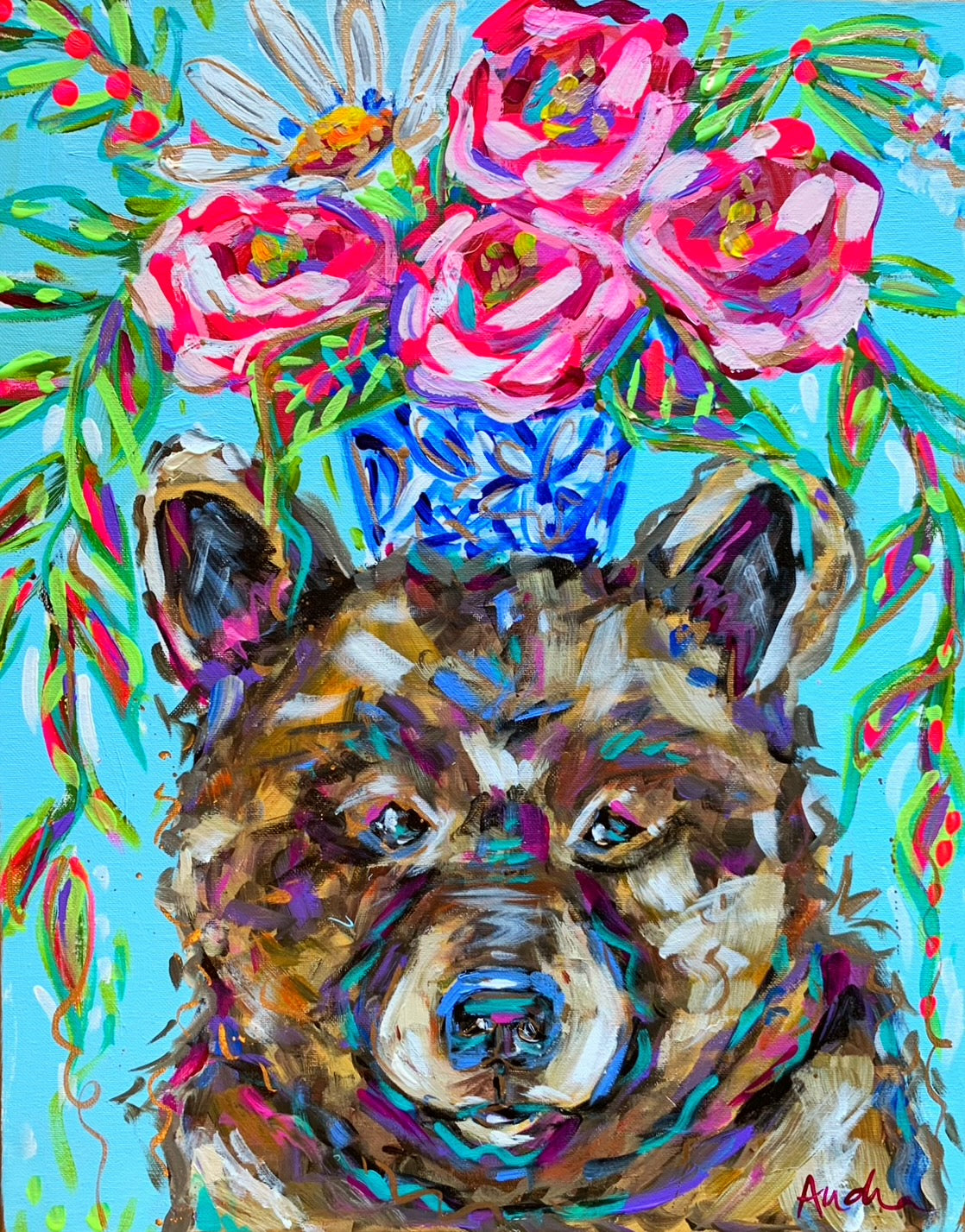Bear Art Print on Paper or Canvas - Colorful Animal Wall Art, Floral Wall Poster, Kids Room Baby Nursery