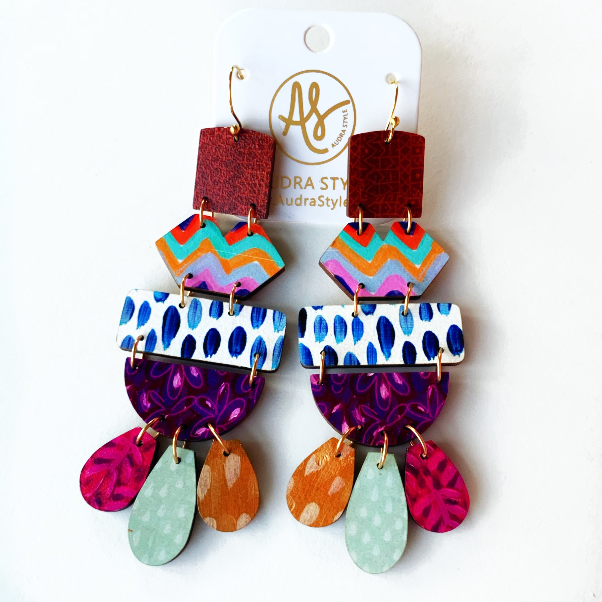 Belle - Chevron Violet Daisy Magenta Twig Long Dangle Earrings