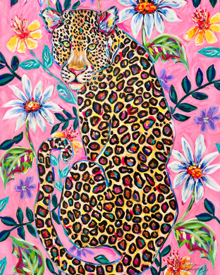 Leopard with Floral Background Print on Paper or Canvas