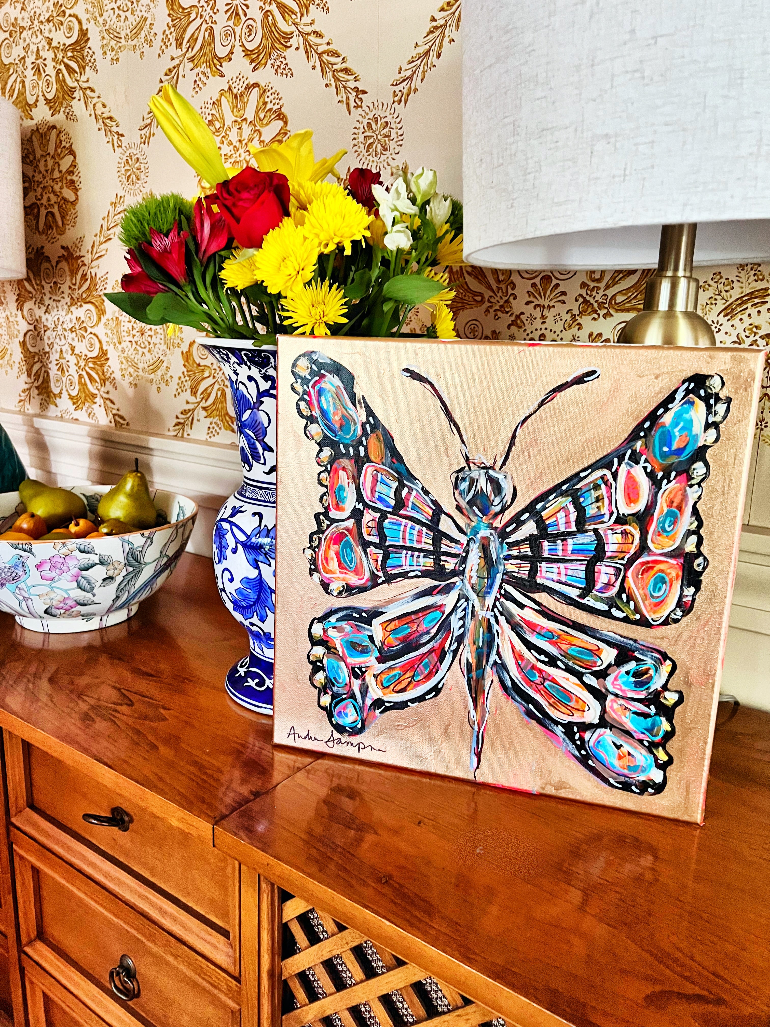 "New Beginnings" 14”x14” Original Butterfly Acrylic and Gold Leaf Painting on Canvas