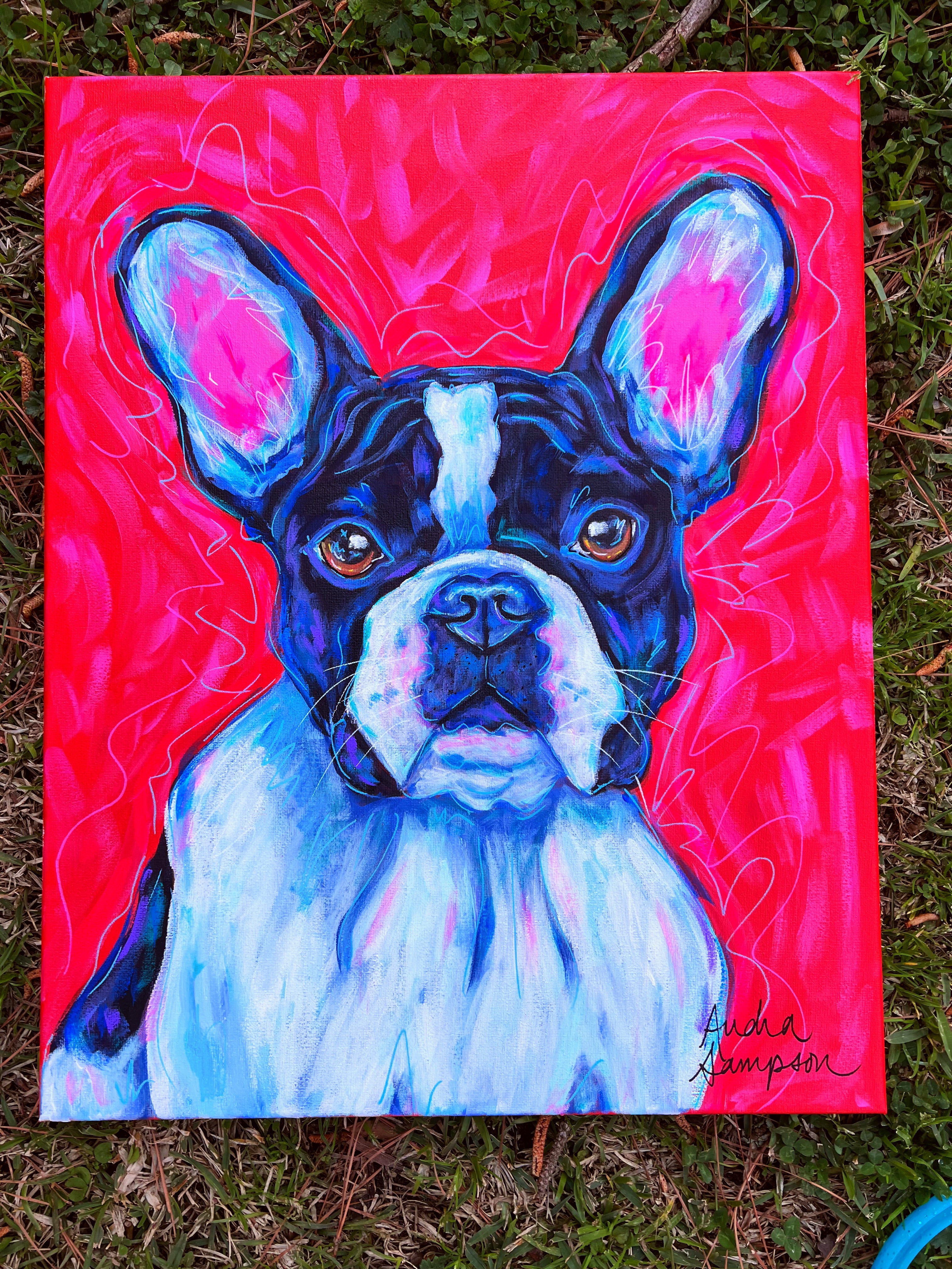 Black and White French Bulldog Original Painting on 16x20 Canvas