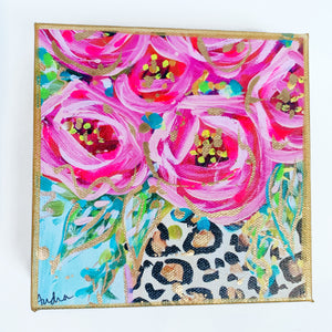 Roses Leopard Vase Blue Background on 6"x6" Gallery Wrapped Canvas