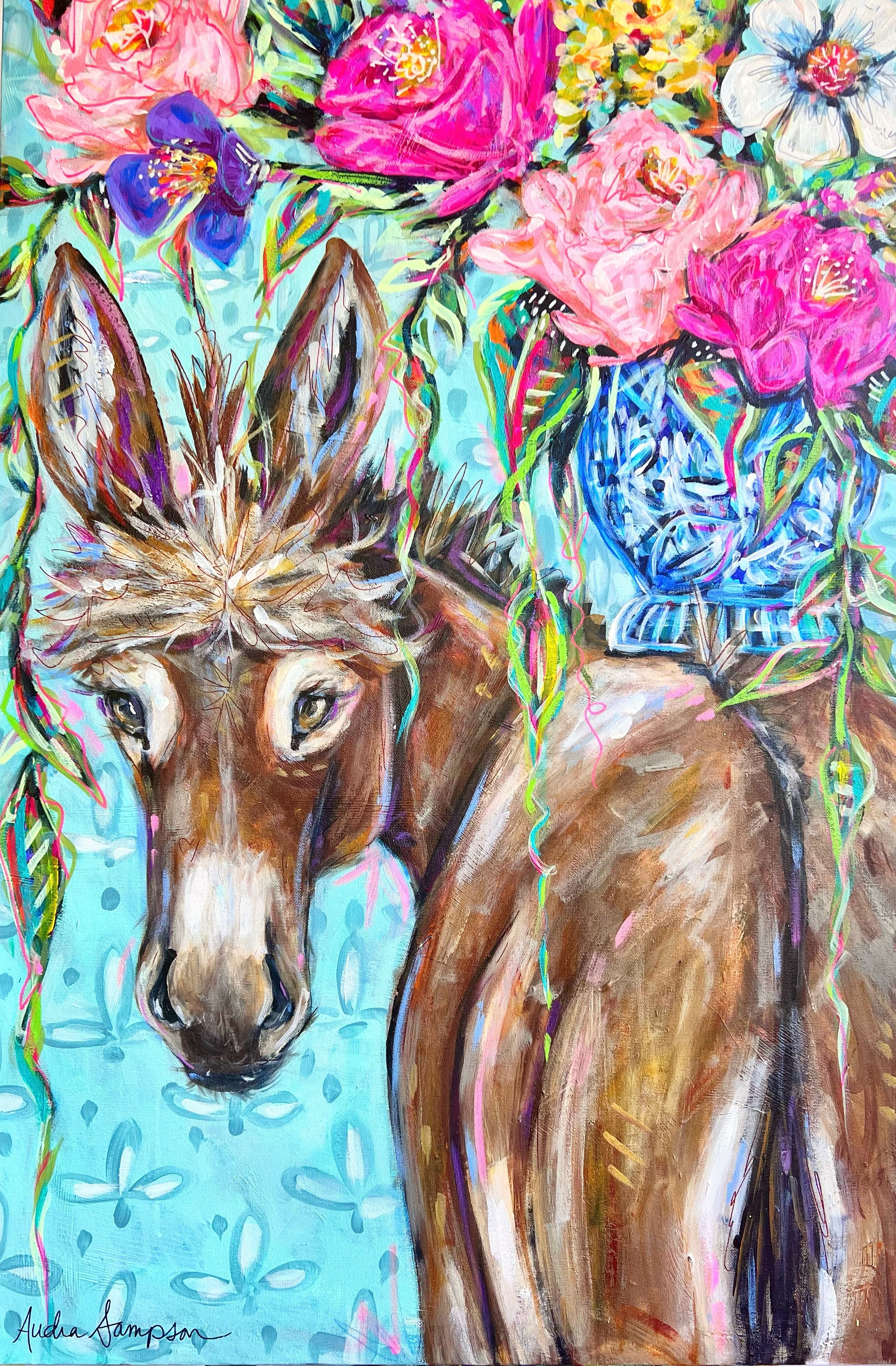 "Clarence" 24x36" Donkey and Bouquet in Ginger Jar Acrylic Painting on Canvas