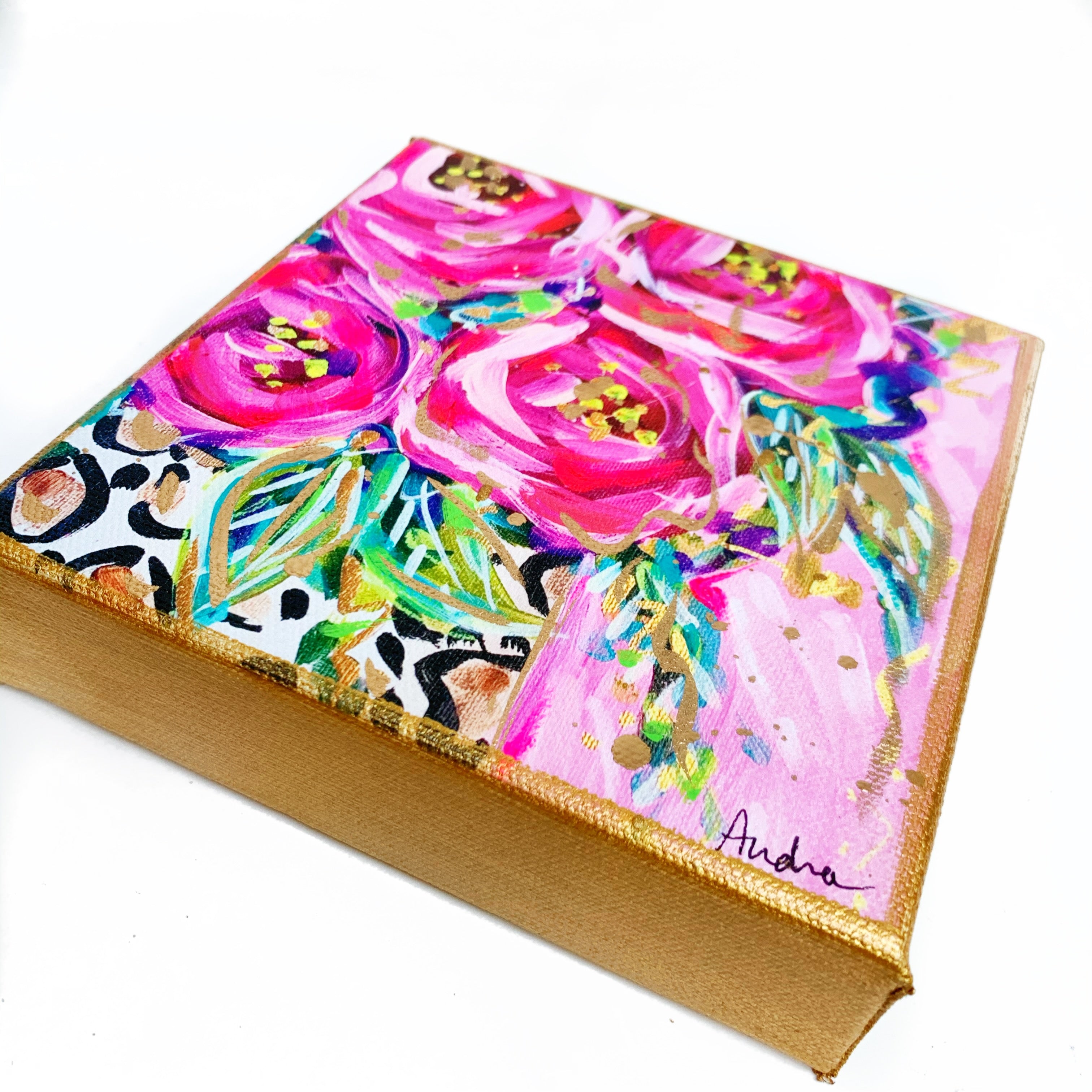 Roses in Leopard Vase Pink Background on 6"x6" Gallery Wrapped Canvas