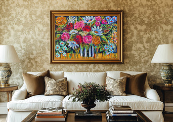 Large framed artwork featuring a colorful floral bouquet
