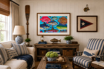 Fisherman decor living room featuring a large framed fish art print