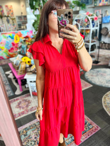 Ruby Red Tiered Midi Dress