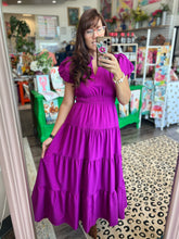 Load image into Gallery viewer, V-Neck Bubble Sleeve Tiered Midi Ruffle Dress in Violet