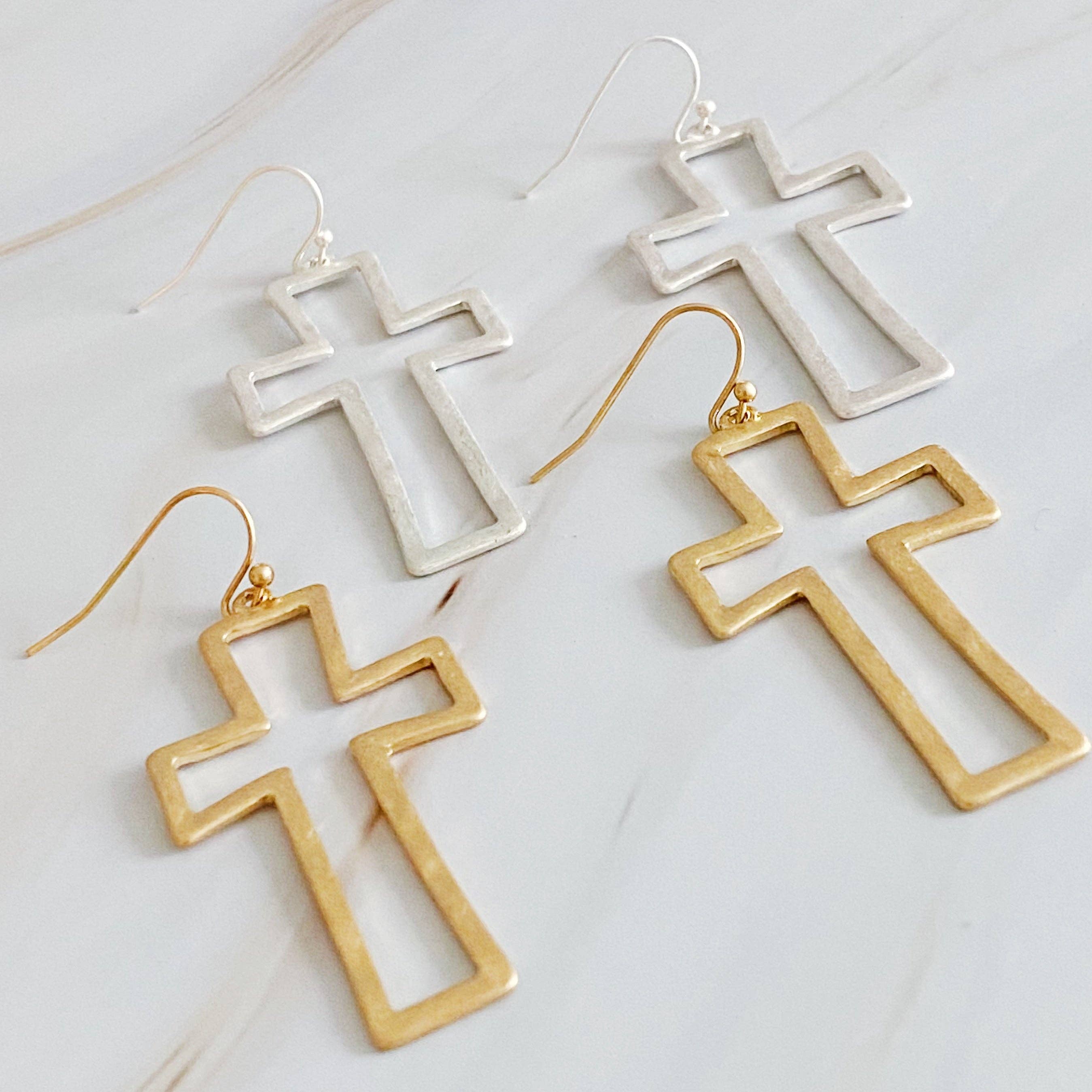 Dangle Cross Outlined Earrings: Silver