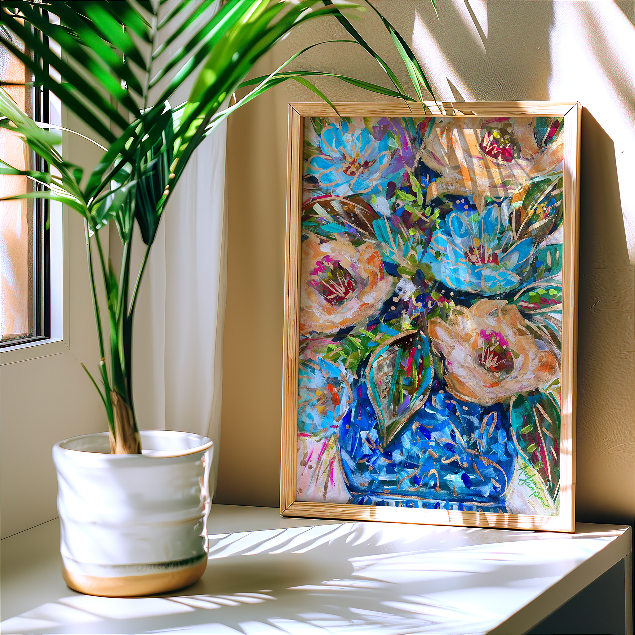 Blue Orange Floral Blue White Vase Reproduction Print - On Paper or Canvas