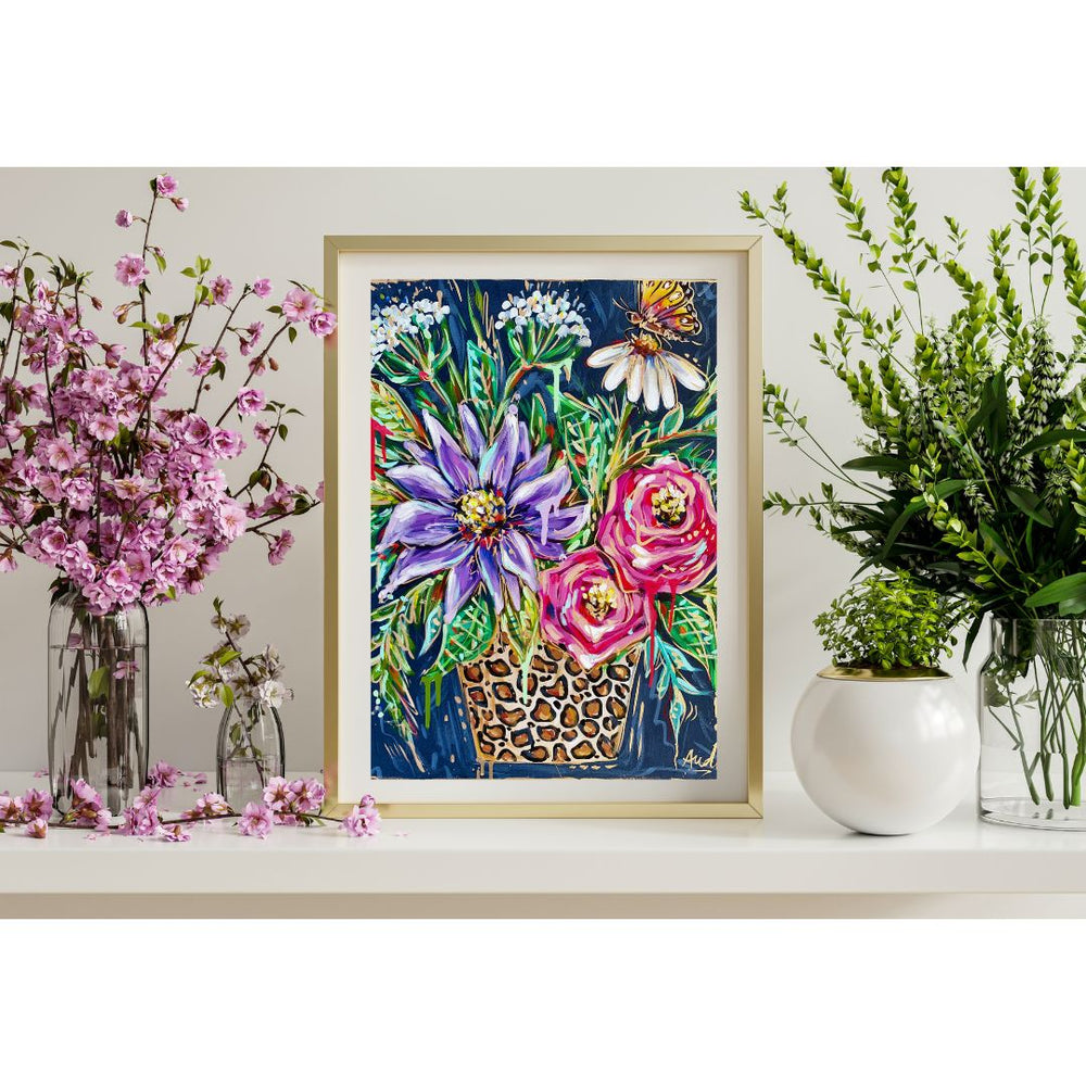 Leopard Floral Vase with Butterfly Art Print on Paper or Canvas - Maxi