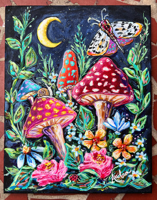 11x14 Original Mushroom Moon Moth Painting on Canvas