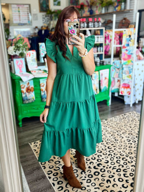 V-Neck Tiered Ruffle Dress in Green