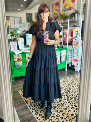 V-Neck Bubble Sleeve Tiered Midi Ruffle Dress in Black