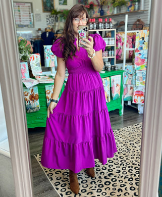 V-Neck Bubble Sleeve Tiered Midi Ruffle Dress in Violet