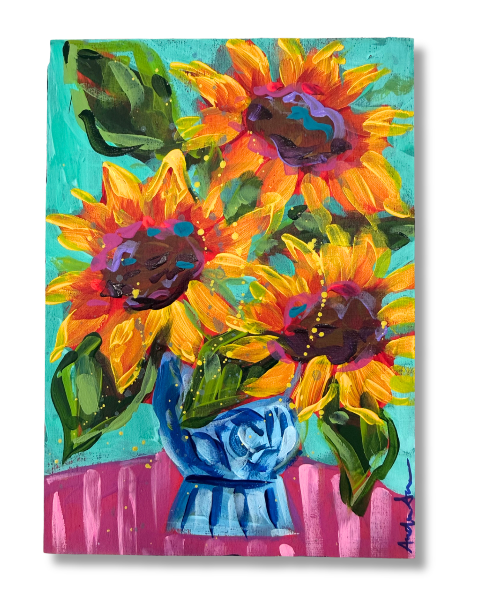 Sunflower Floral Bouquet Original 5x7 Painting | Whimsical Home Decor Art