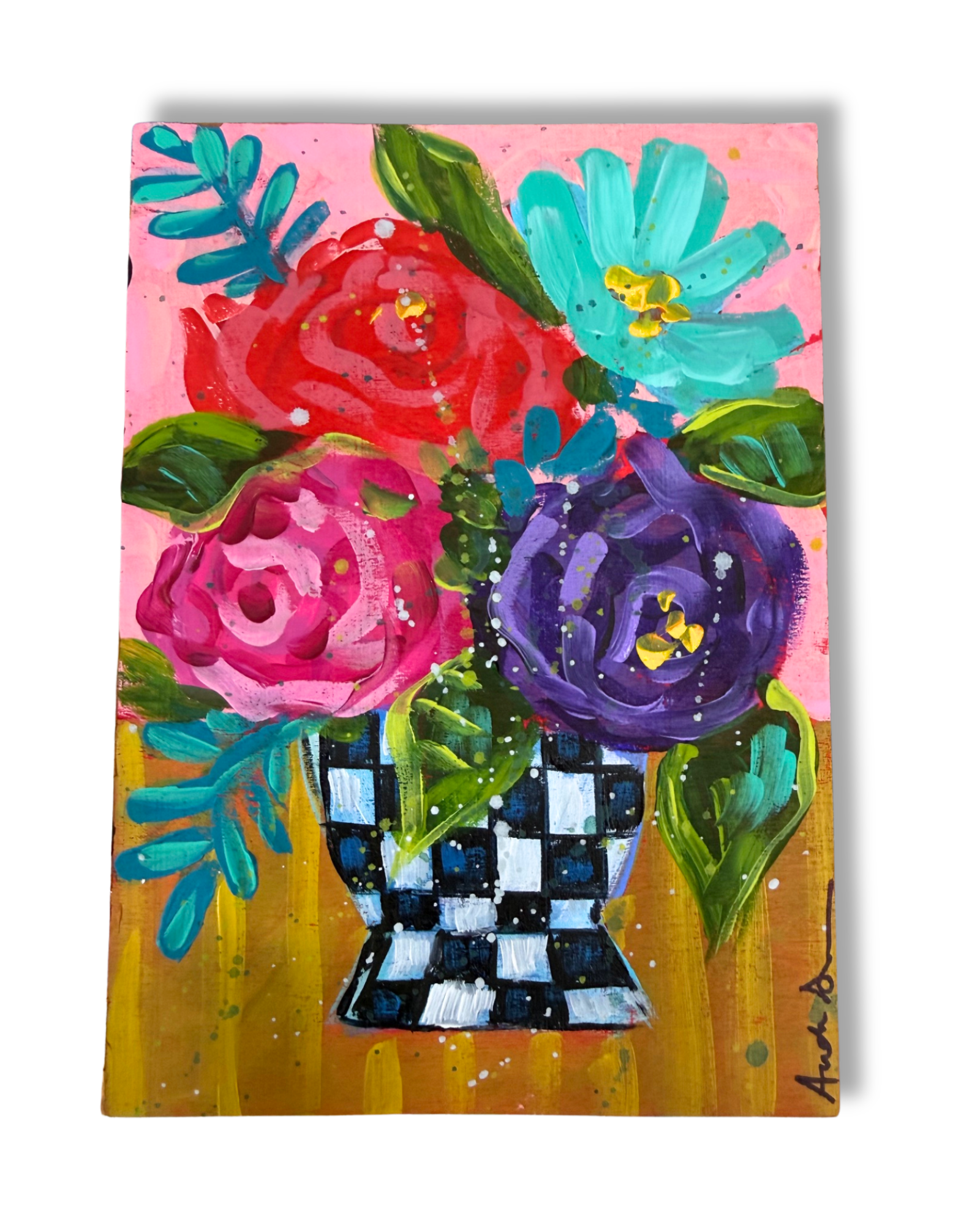 Black Check Vase Floral Bouquet Original 5x7 Painting | Whimsical Home Decor Art
