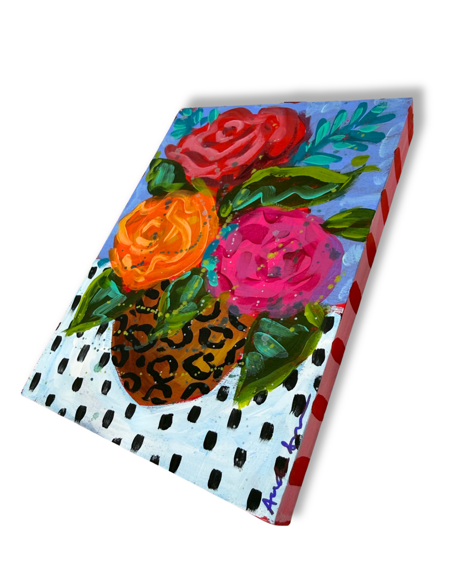 Leopard Vase Floral Bouquet Original 5x7 Painting | Whimsical Home Decor Art