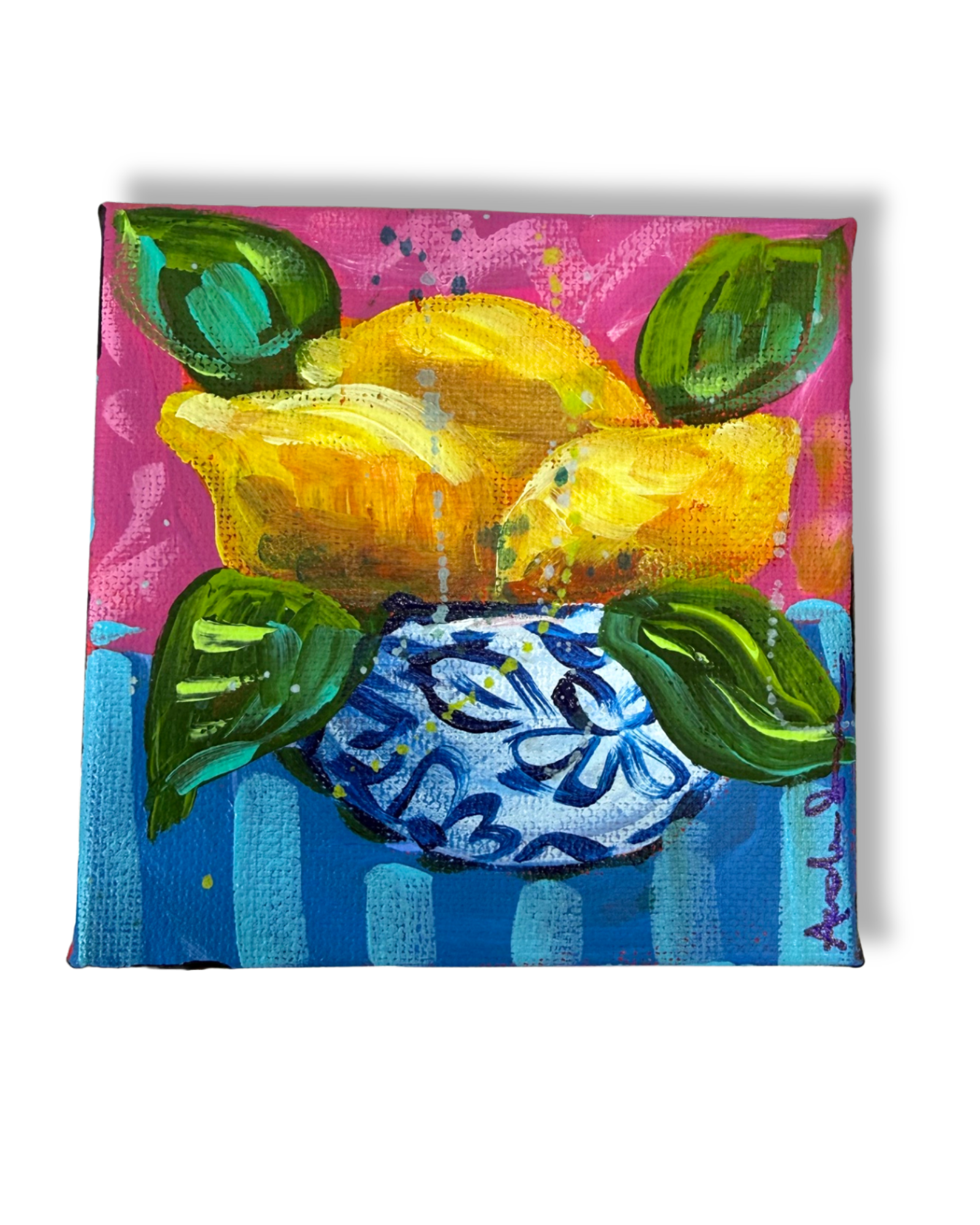 Lemon Bowl 4x4 Original Painting | Whimsical Home Decor Art