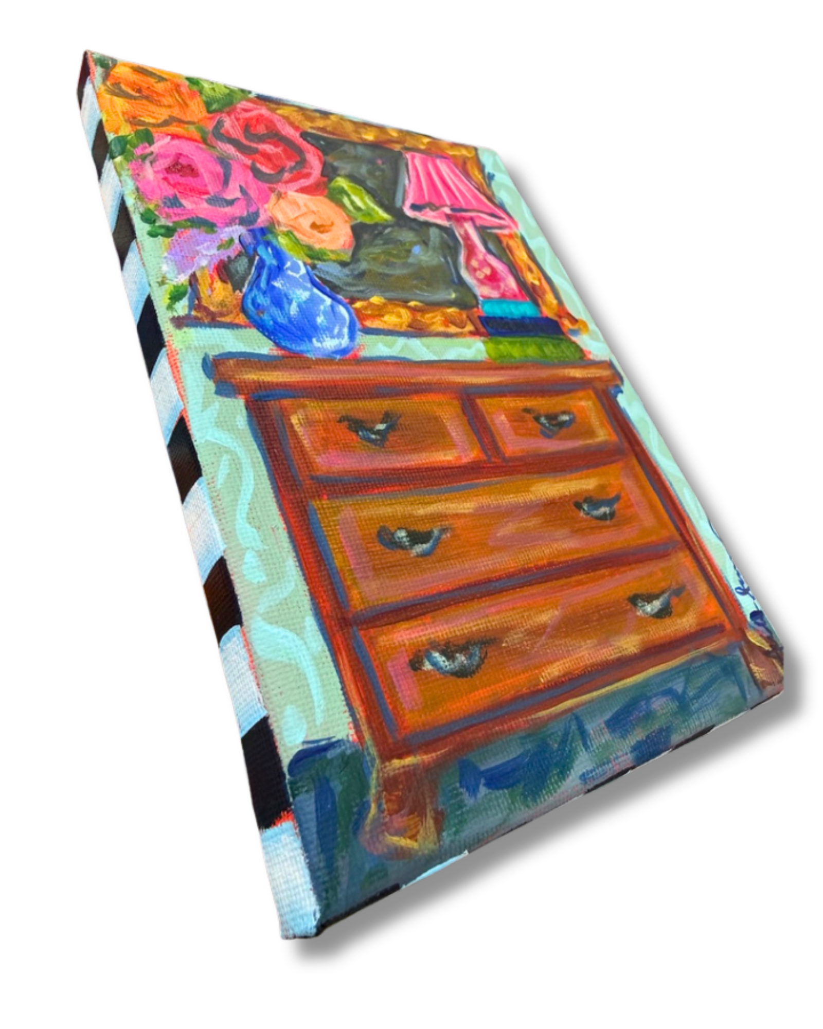 Dresser with Floral Bouquet Original Painting | Whimsical Home Decor Art