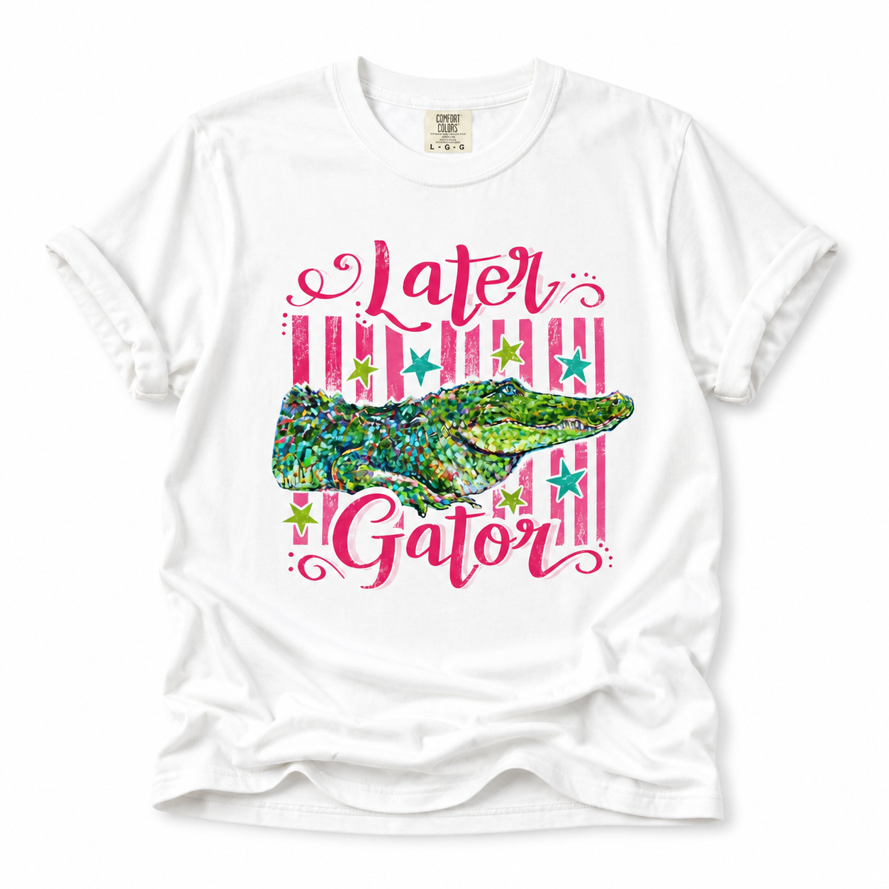 White t-shirt with a colorful alligator graphic and 'Later Gator' text on a white background