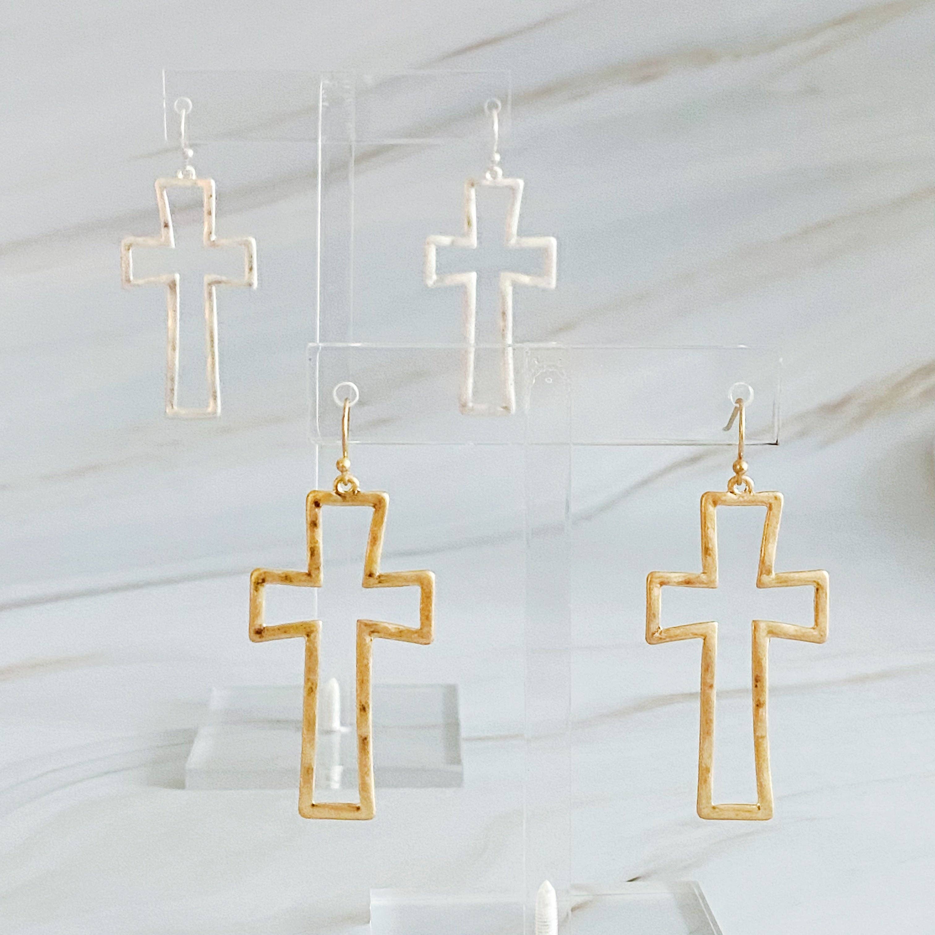 Dangle Cross Outlined Earrings: Silver