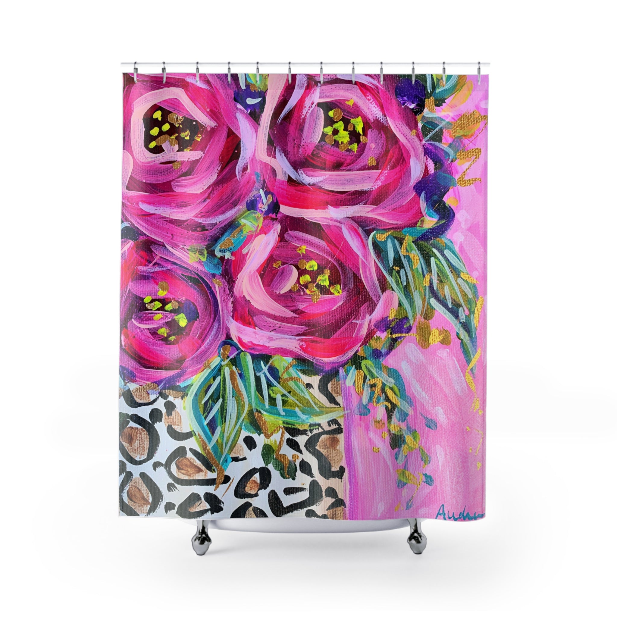 Pink Roses Leopard Vase Shower Curtains