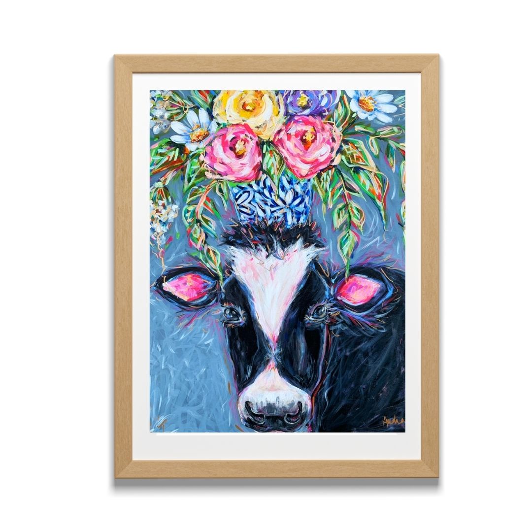 Cow Art Print on Paper or Canvas - Maximalist Decor, Farmhouse Poster, Colorful Floral Art Print