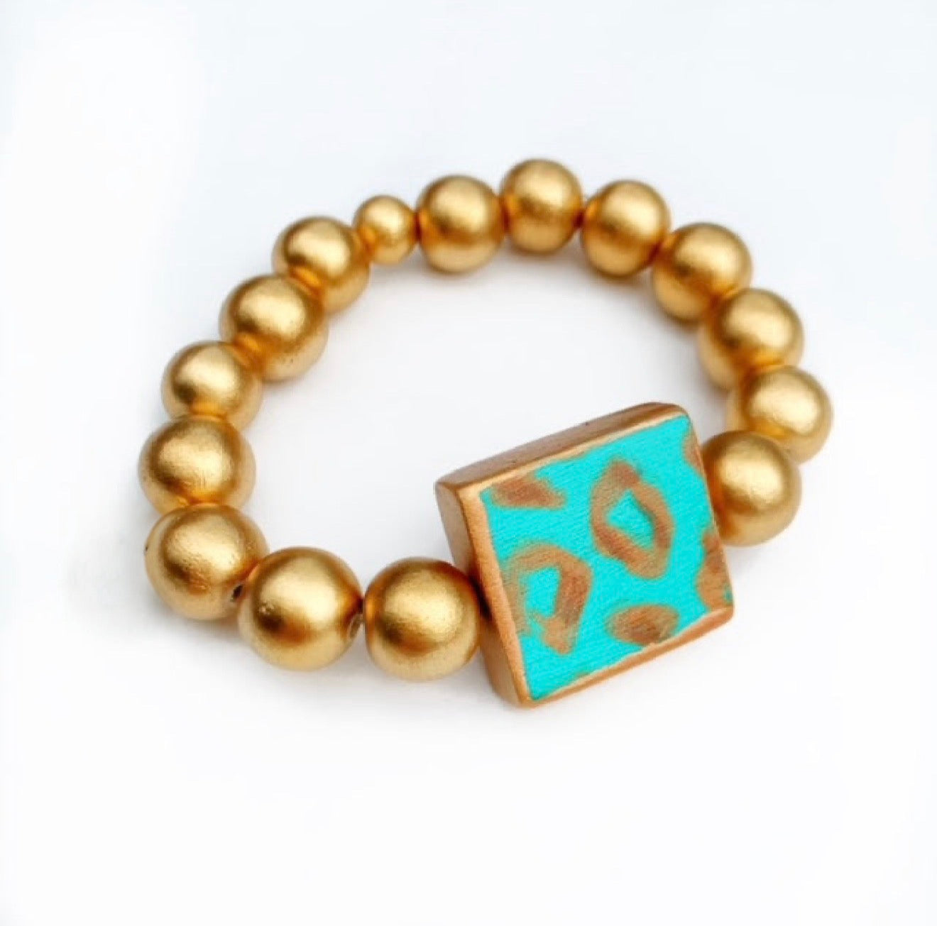Turquoise Caramel Leopard Matte Gold Beaded Stacking Bracelet