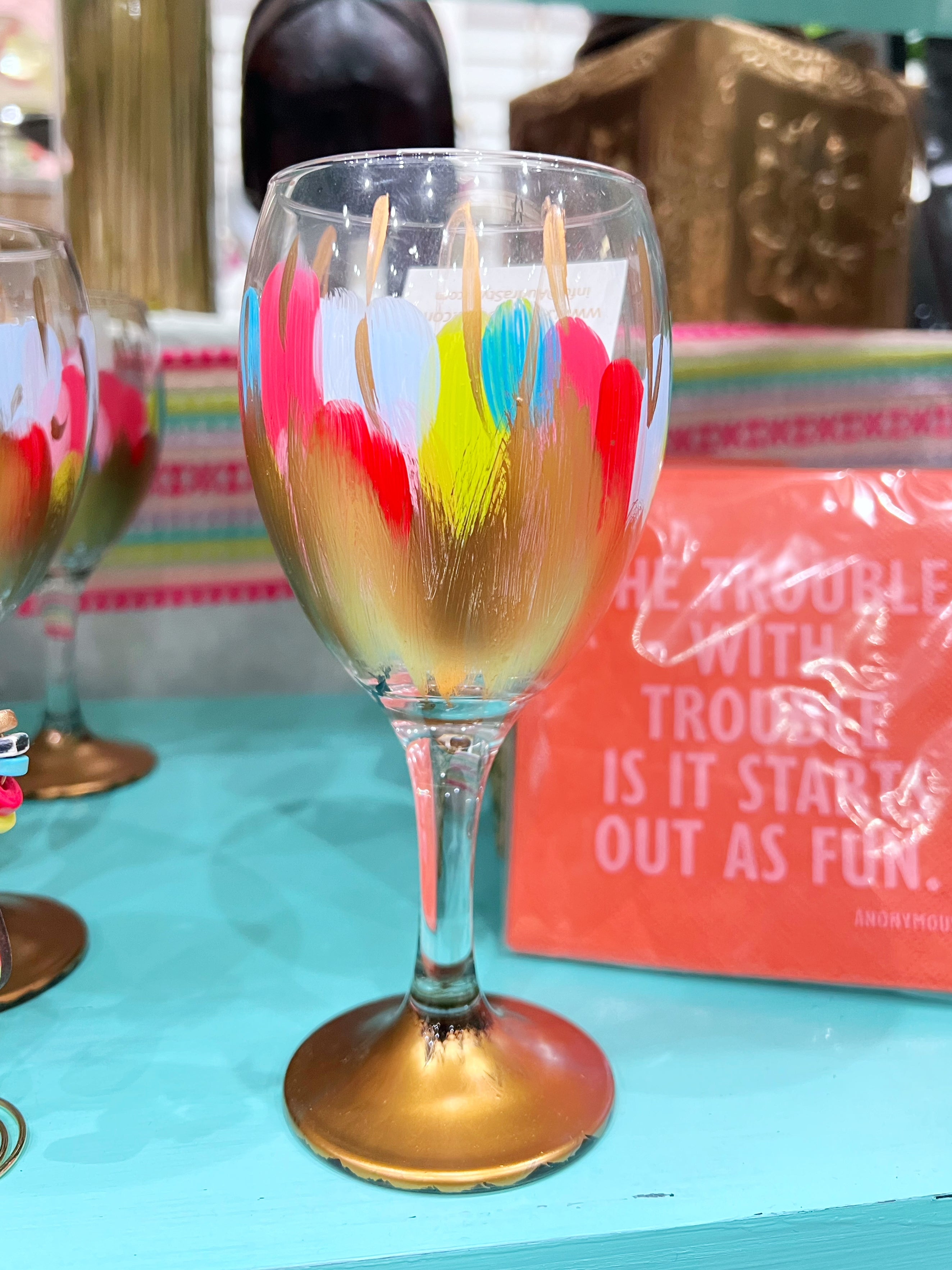 Bright Colorful Brushstrokes and Gold Abstract Small Wine Glass