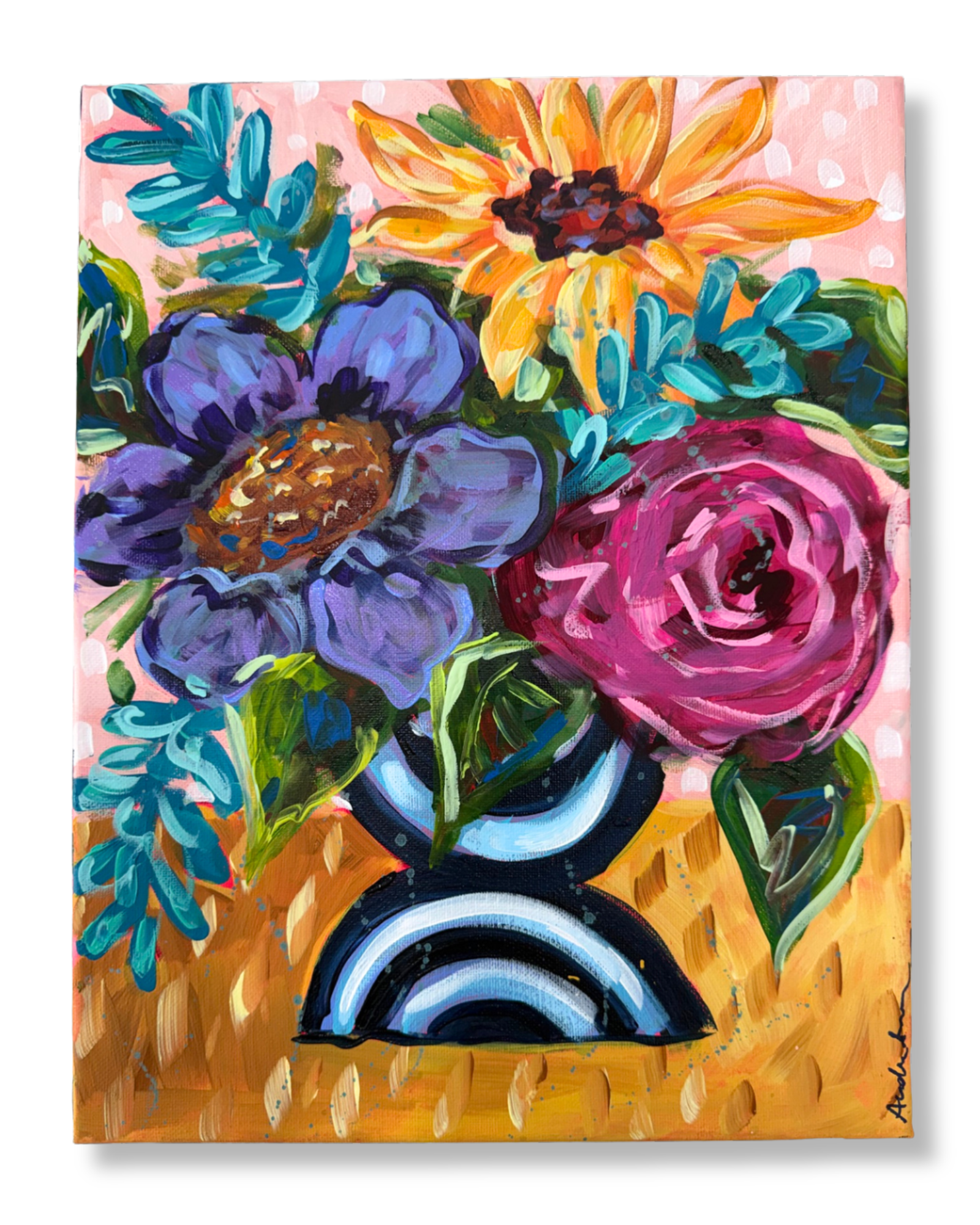 Black and White Vase Floral Original 11x14 Painting | Whimsical Home Decor Art