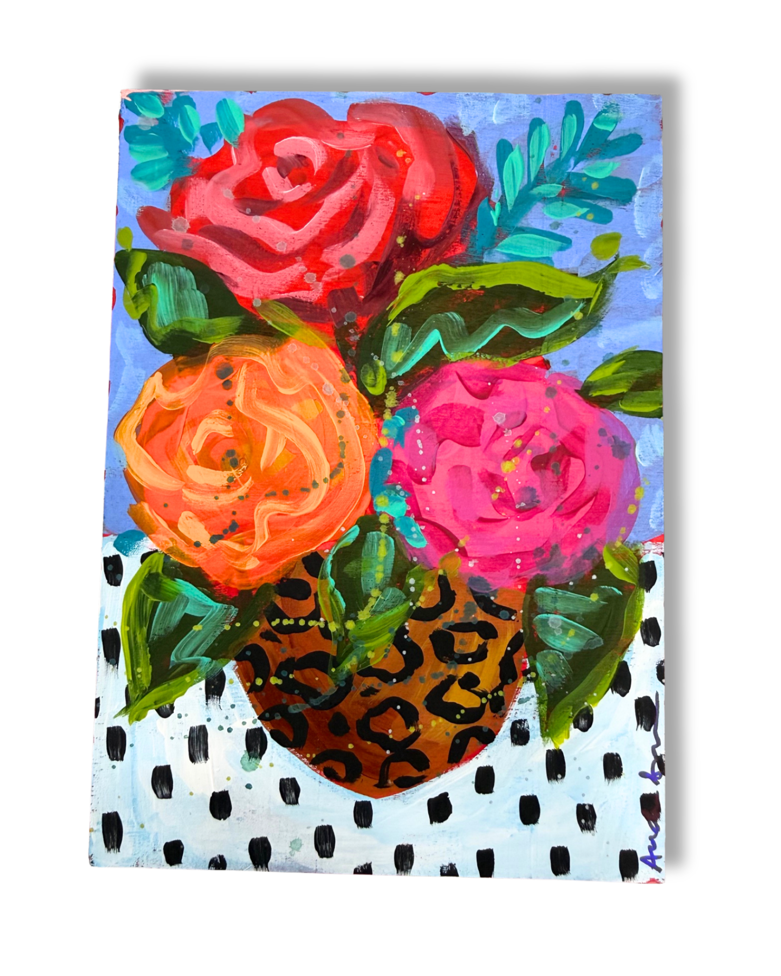 Leopard Vase Floral Bouquet Original 5x7 Painting | Whimsical Home Decor Art