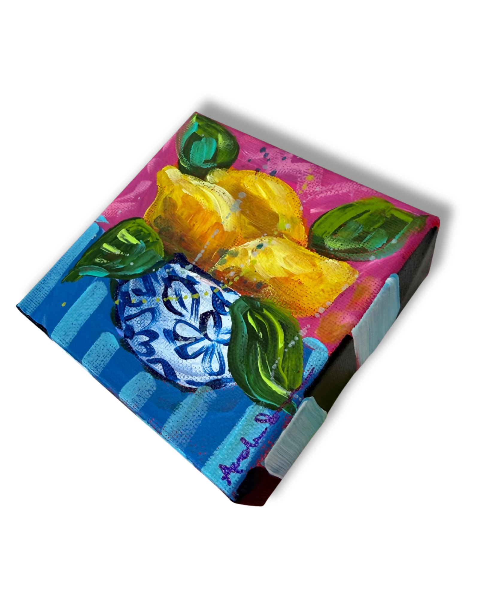 Lemon Bowl 4x4 Original Painting | Whimsical Home Decor Art