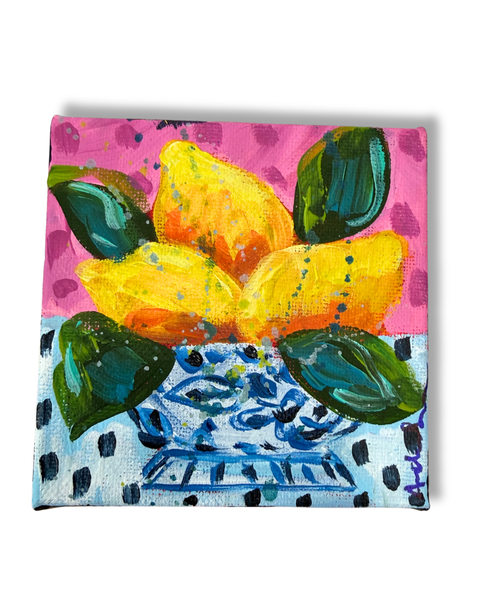 Lemon Bowl 4x4 Original Painting | Whimsical Home Decor Art