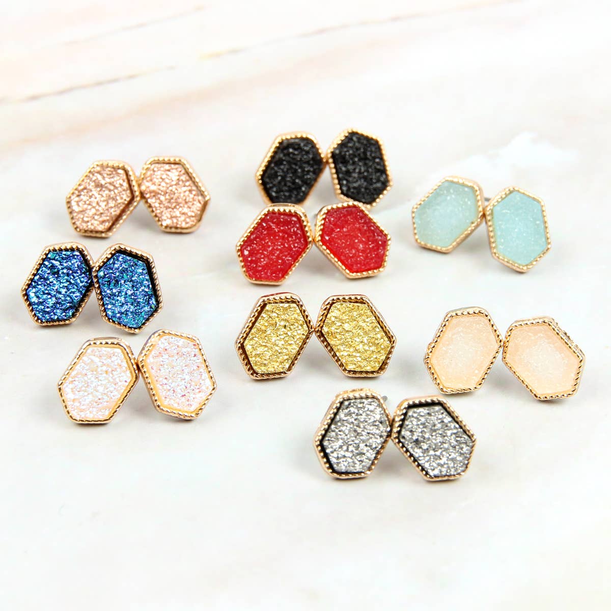 VE2334 - DRUZY HEXAGON POST EARRINGS: IRIDISCENT