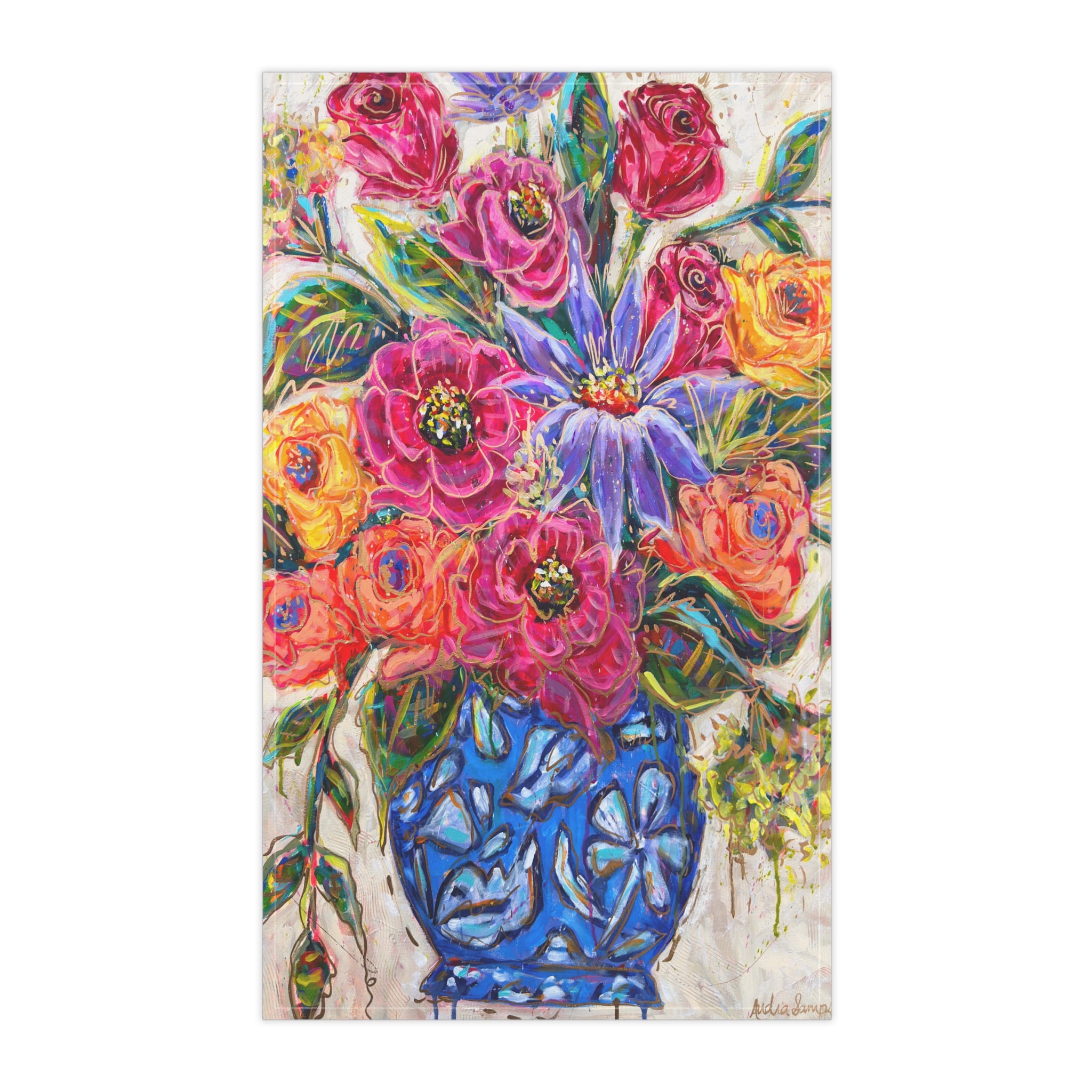 Blue Vase Floral Tea Towel