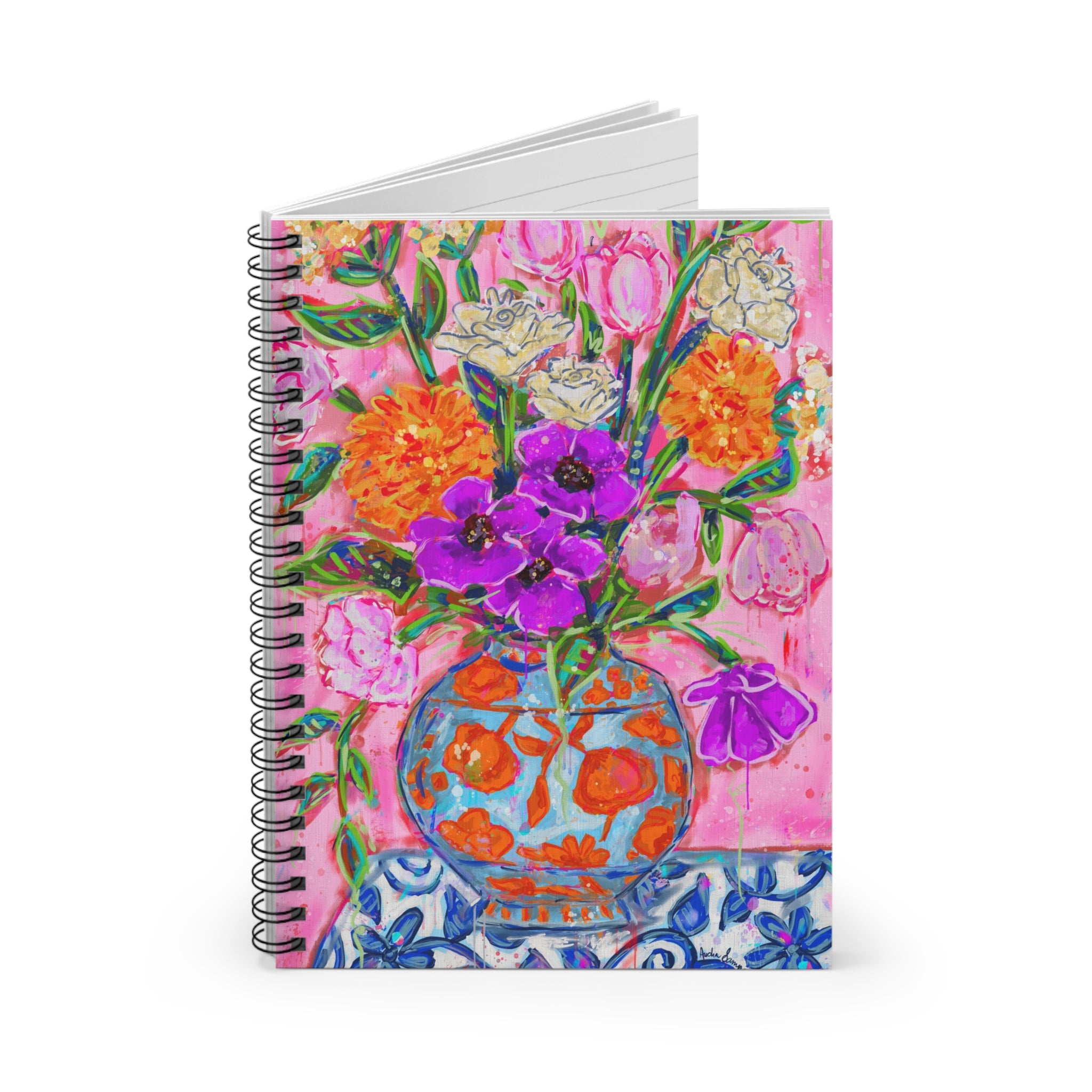 Orange and Blue Vase Floral Spiral Notebook - Ruled Line