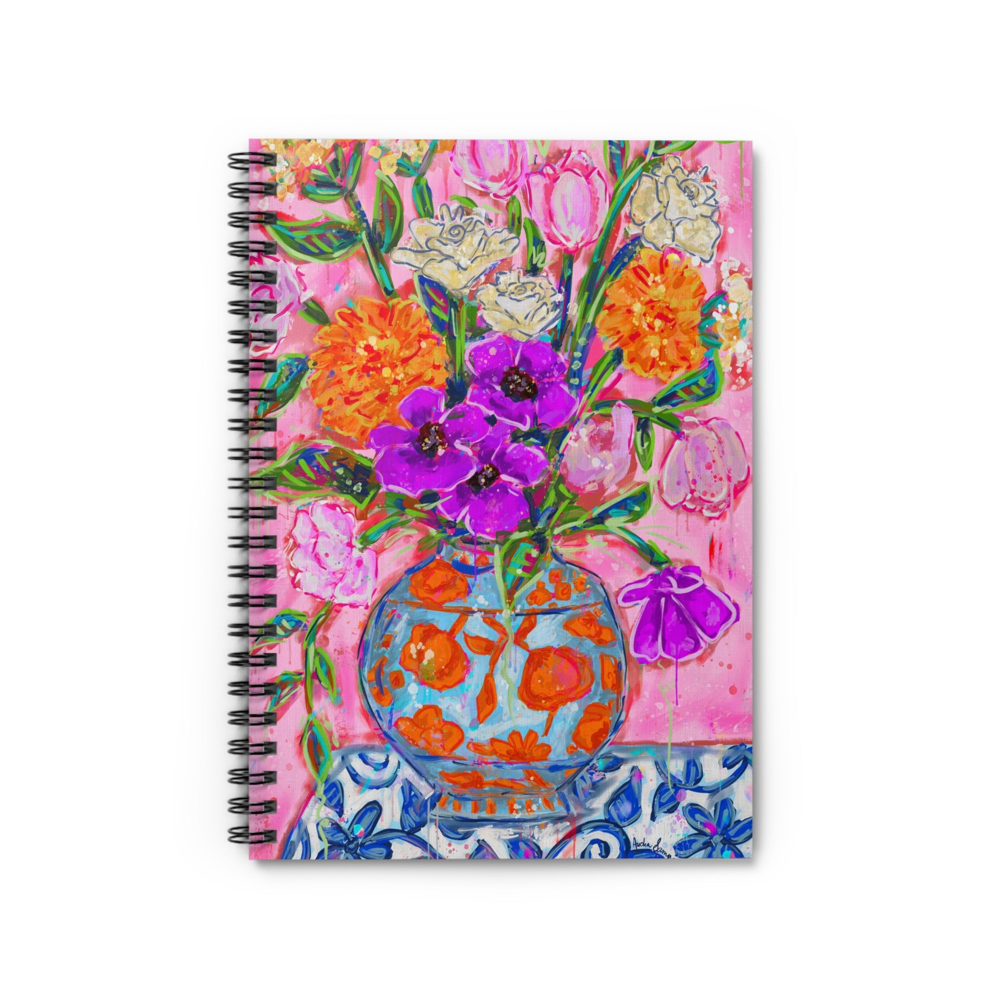 Orange and Blue Vase Floral Spiral Notebook - Ruled Line