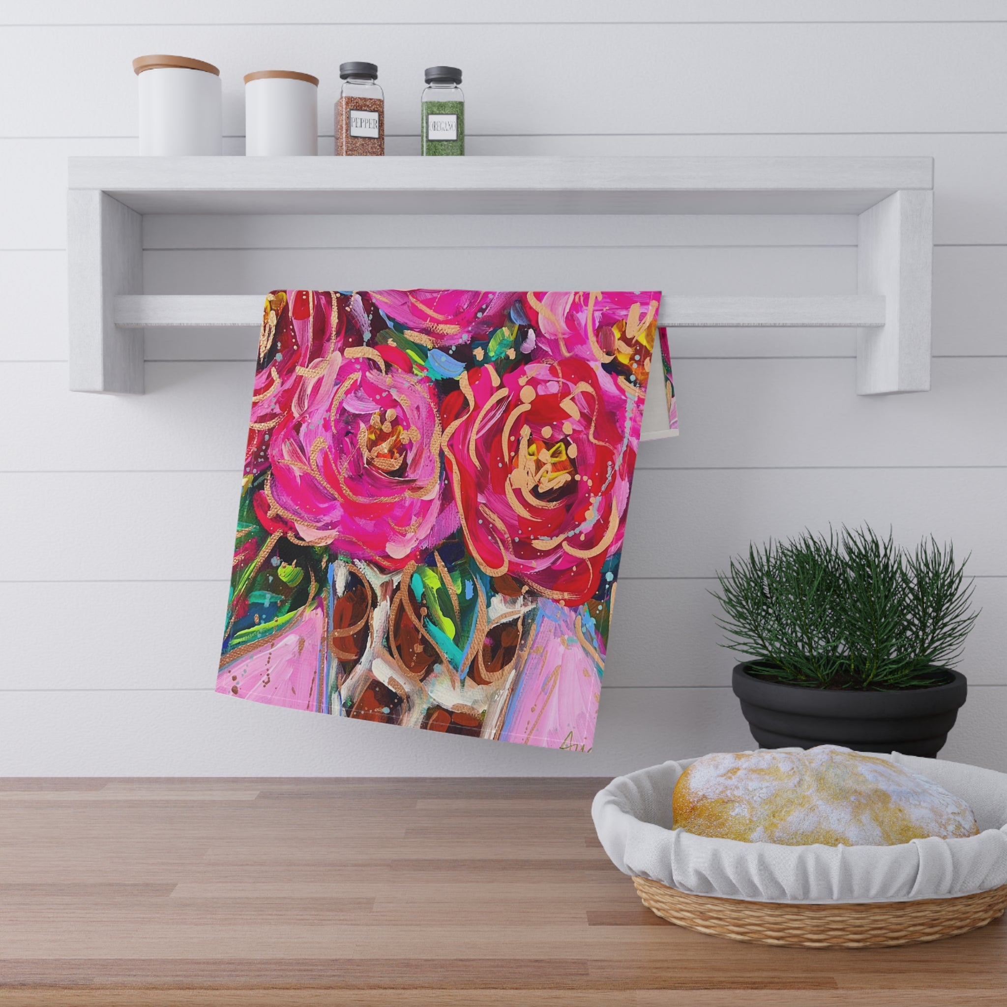 Red Roses Leopard Vase Tea Towel