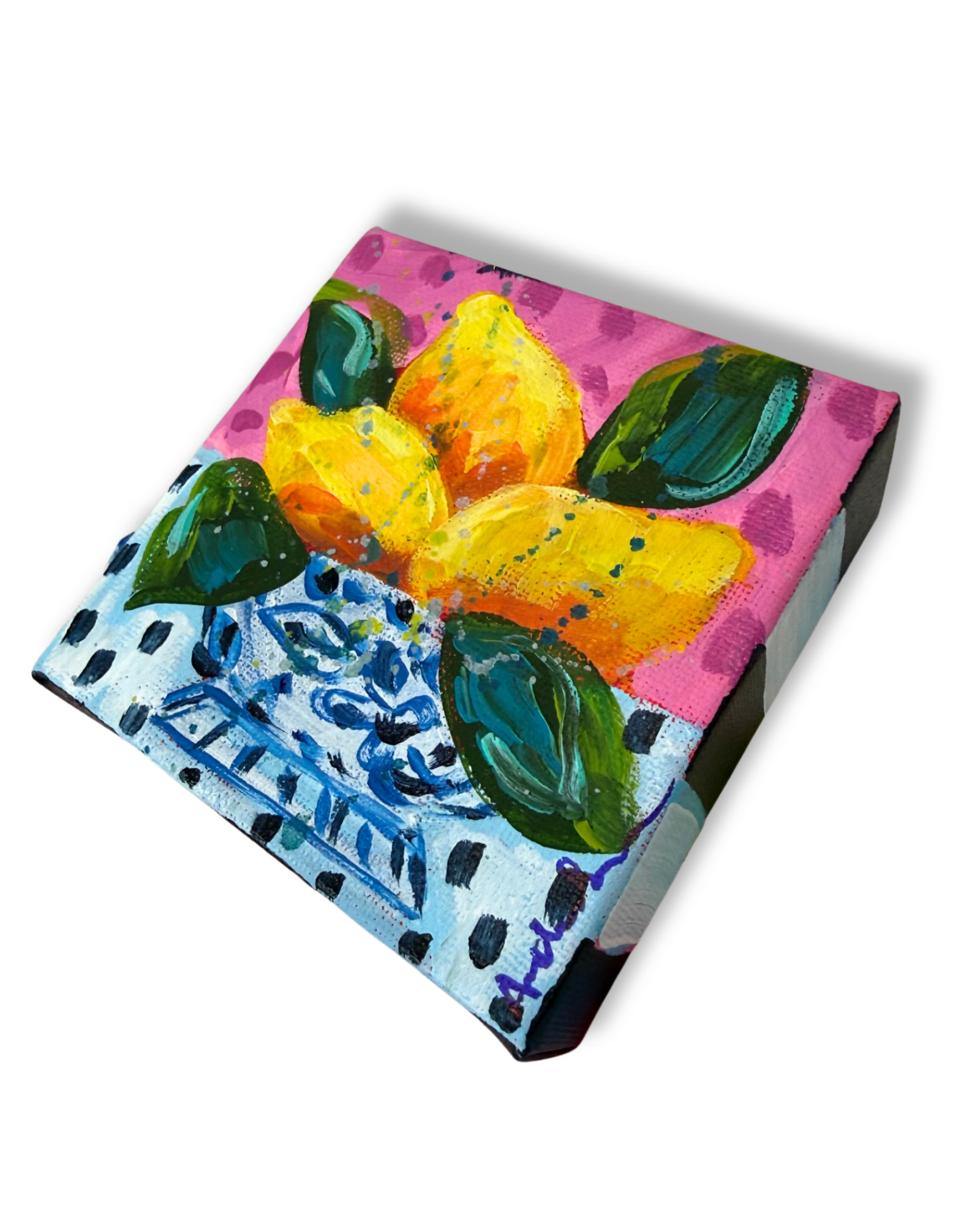 Lemon Bowl 4x4 Original Painting | Whimsical Home Decor Art