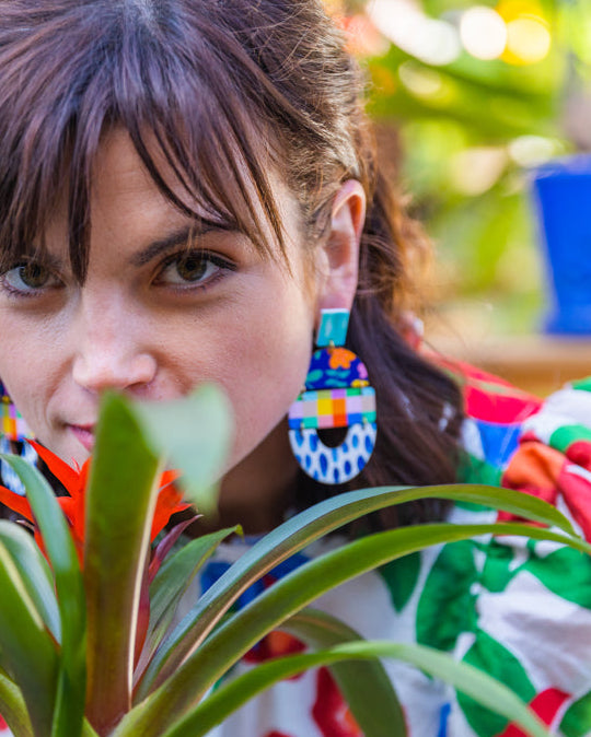 Bela - Tulip Floral Print Navy Rainbow Gingham Navy Dot Earring