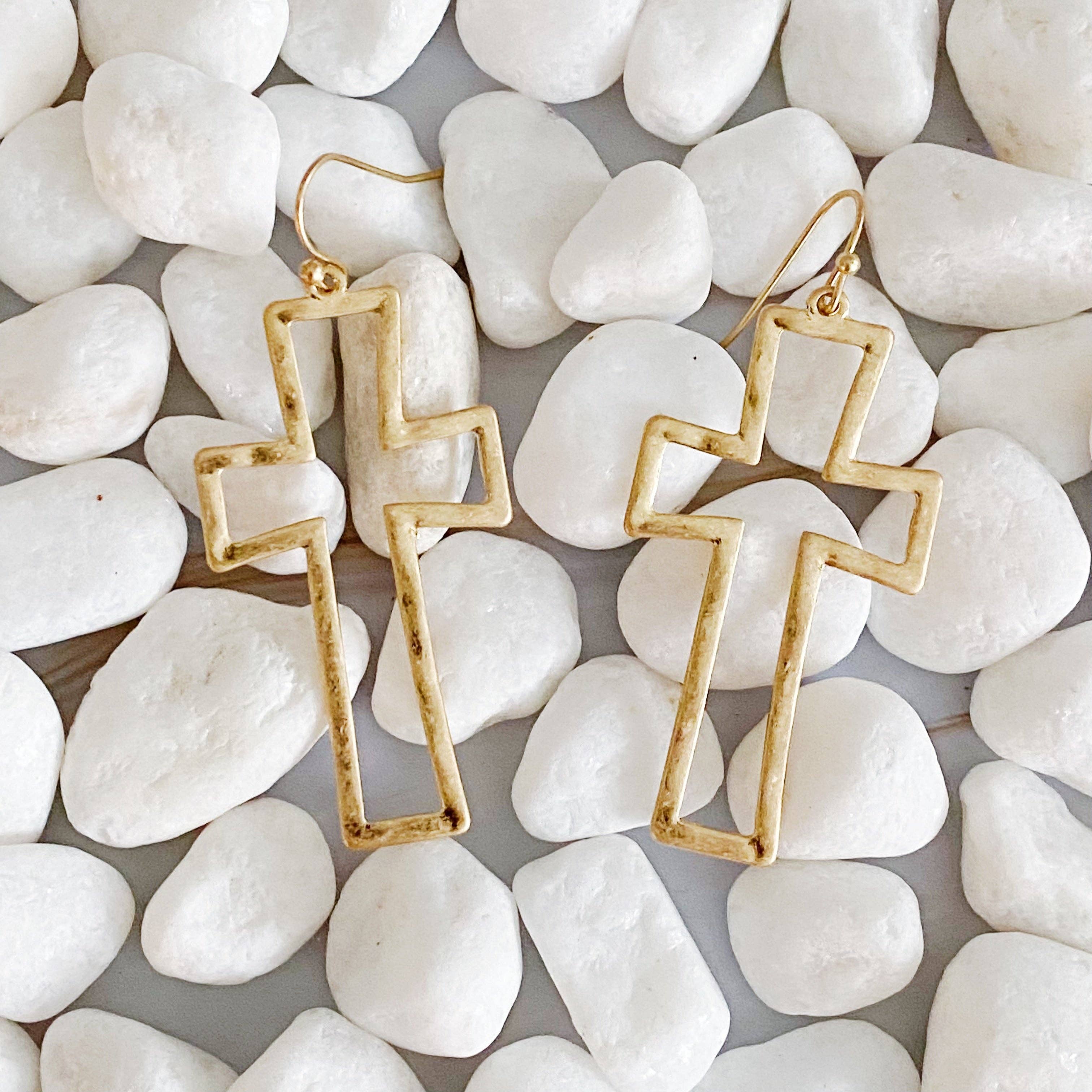 Dangle Cross Outlined Earrings: Silver