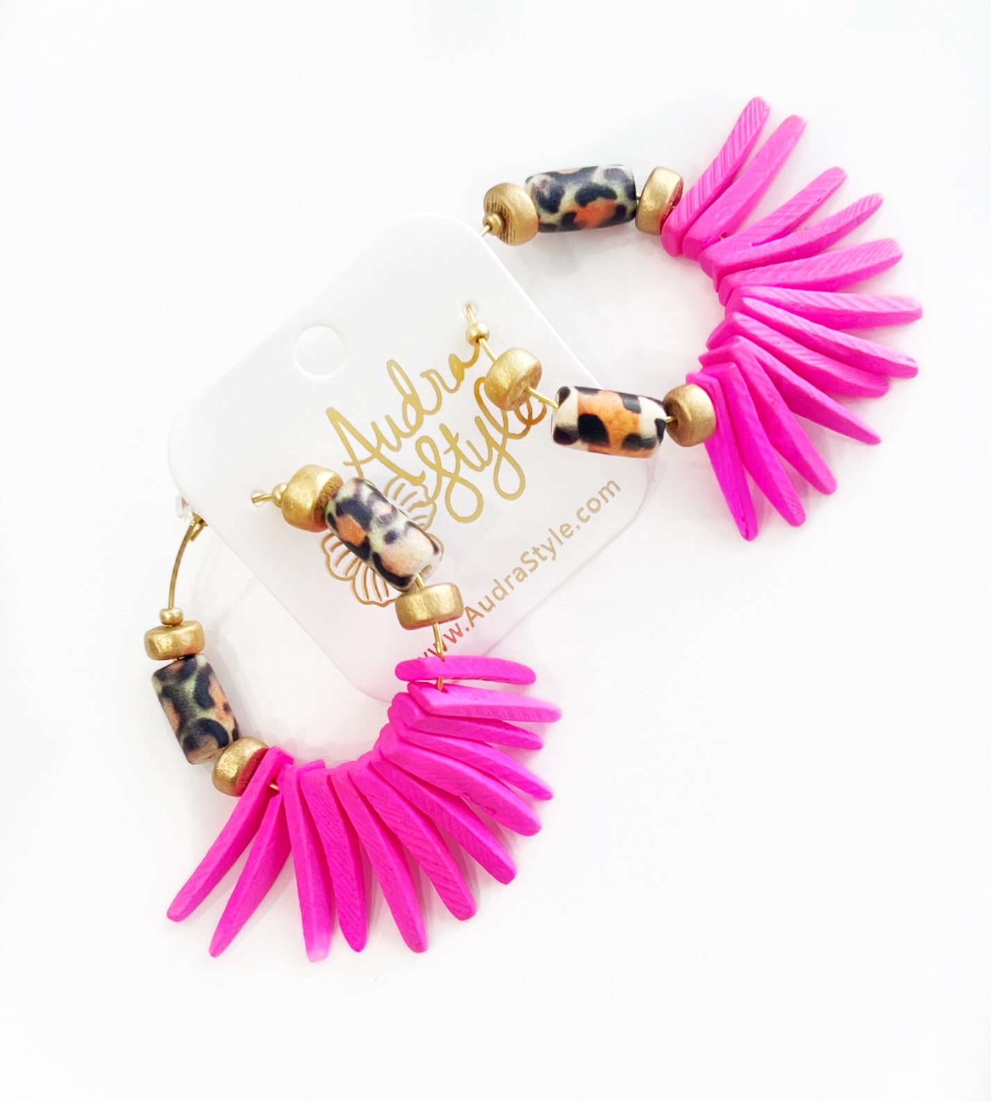 Beaded Hoop Earring - Leopard and Hot Pink Coconut Spike